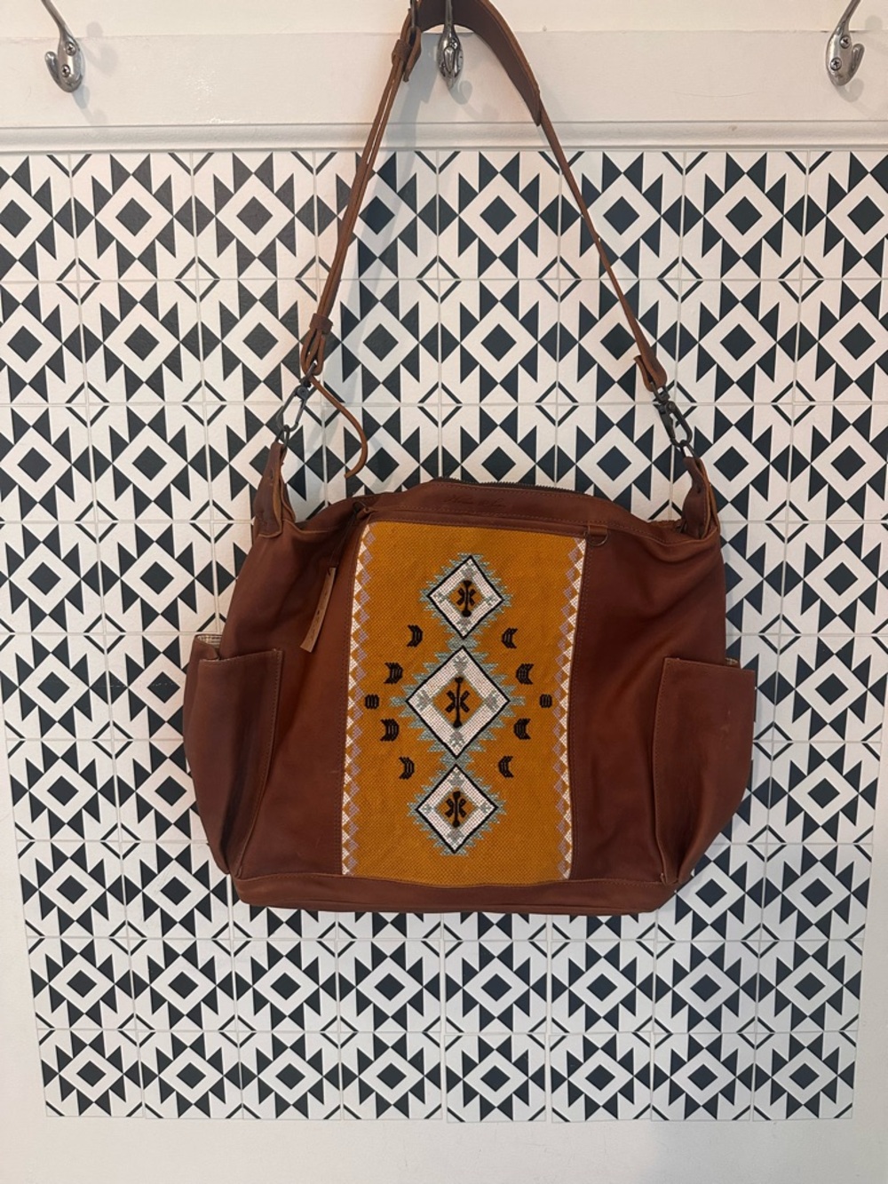 Nena & Co. Brown Leather Shoulder Bag with Mustard Embroidered Panel